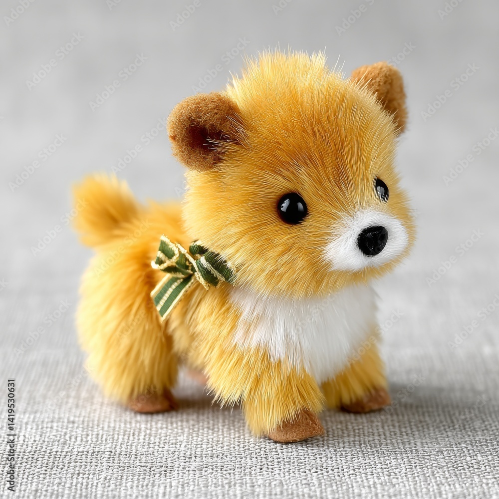 Adorable Pomeranian Puppy Plush Toy with Green Ribbon Bow Tie on a Gray Background, Capturing Innocence.