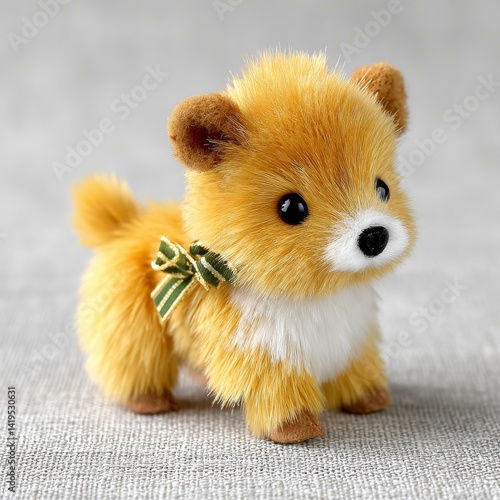 Obraz na płótnie Adorable Pomeranian Puppy Plush Toy with Green Ribbon Bow Tie on a Gray Background, Capturing Innocence. w salonie