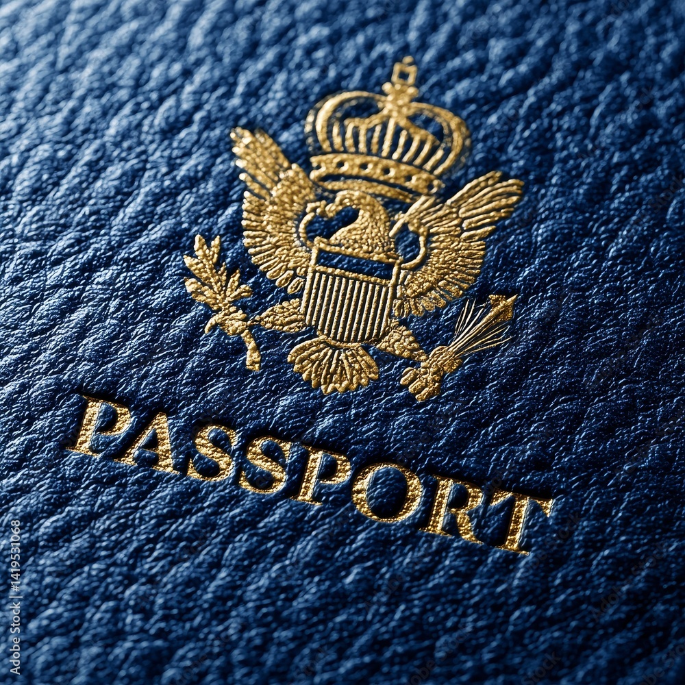 Close-up of an American Passport with Textured Blue Cover and Gold Emblem, showcasing travel and document details.