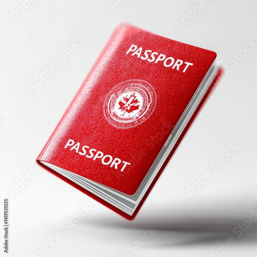 Close-up of a Bright Red Canadian Passport with Maple Leaf on a Clean White Background: Travel Document and Identification