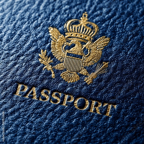 Obraz na płótnie Close-up of an American Passport with Textured Blue Cover and Gold Emblem, showcasing travel and document details. w salonie