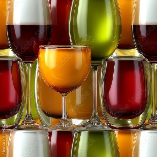 Colorful Glass Reflections: An Abstract Arrangement of Vivid Liquids in Stemware and Tumblers
