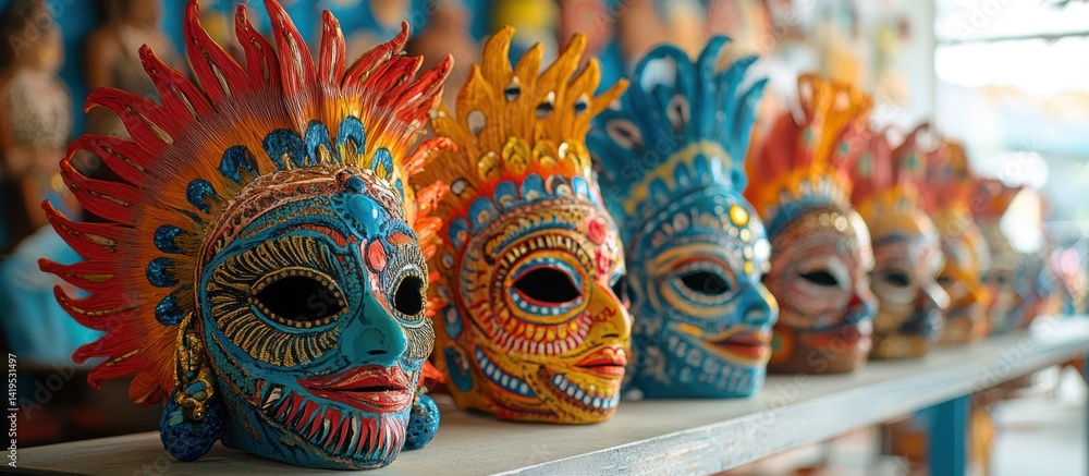 Colorful Hand-Painted Masks on Shelf Colorful Hand-Painted Masks on Shelf