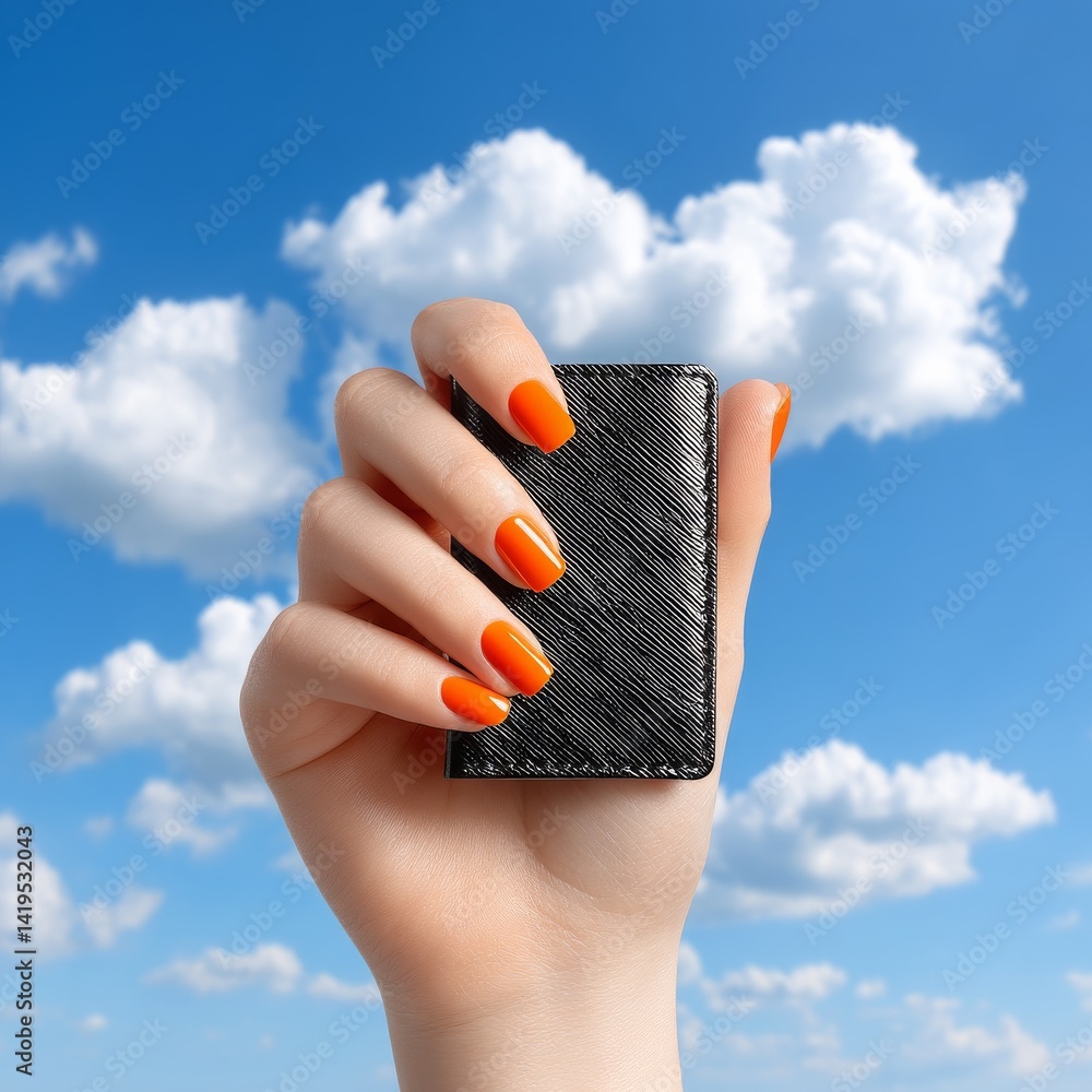 Hand Holding Black Wallet with Orange Manicure Against a Blue Sky Backdrop, Symbolizing Financial Freedom