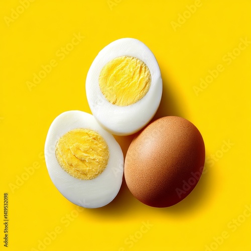 Hard Boiled Eggs: A Colorful Display of Protein-Rich Food on a Bright Yellow Backdrop for Healthy Nutrition