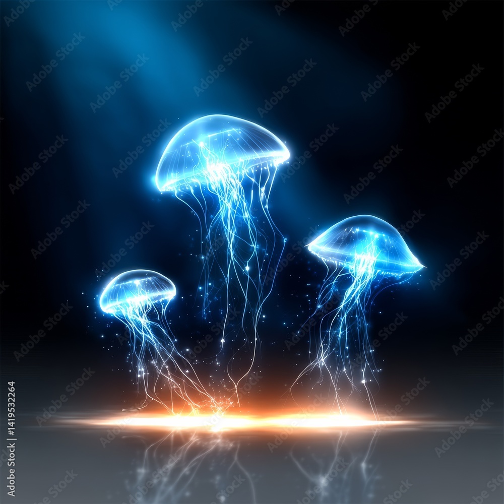Luminescent Jellyfish Dance: A Trio of Glowing Wonders in the Deep Blue, Reflecting on a Shimmering Surface