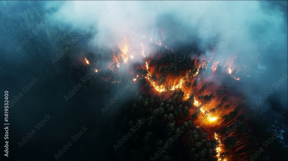 Aerial drone perspective of intense forest fire spreading through dense woodland Aerial drone perspective of intense forest fire spreading through dense woodland