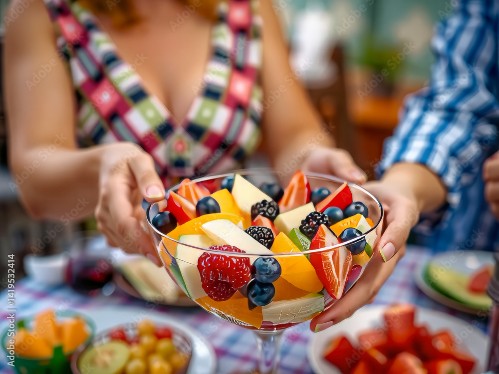 A woman is holding a bowl of fruit in front of a table with other food. The bowl contains a variety of fruits, including oranges, strawberries, and blueberries. The scene suggests a healthy