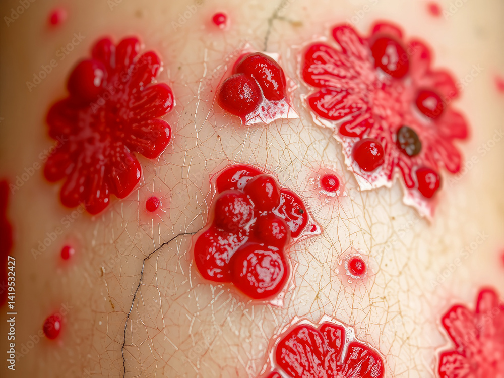 A person's arm is covered in red dots that look like flowers. Concept of pain and discomfort, as the person's arm is covered in a rash