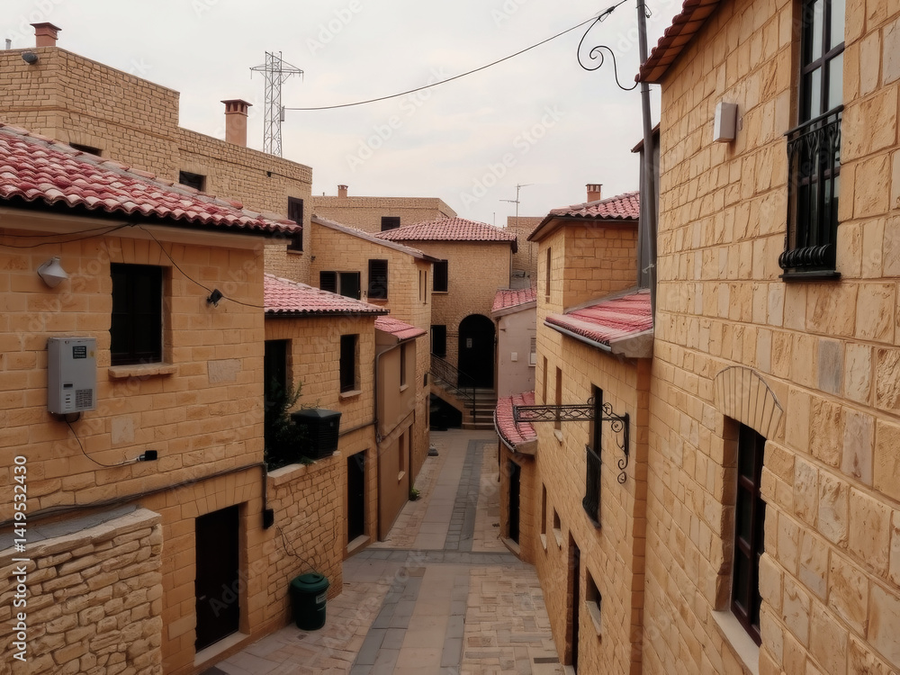 A narrow alleyway with a brick building on each side. The buildings are old and have red roofs
