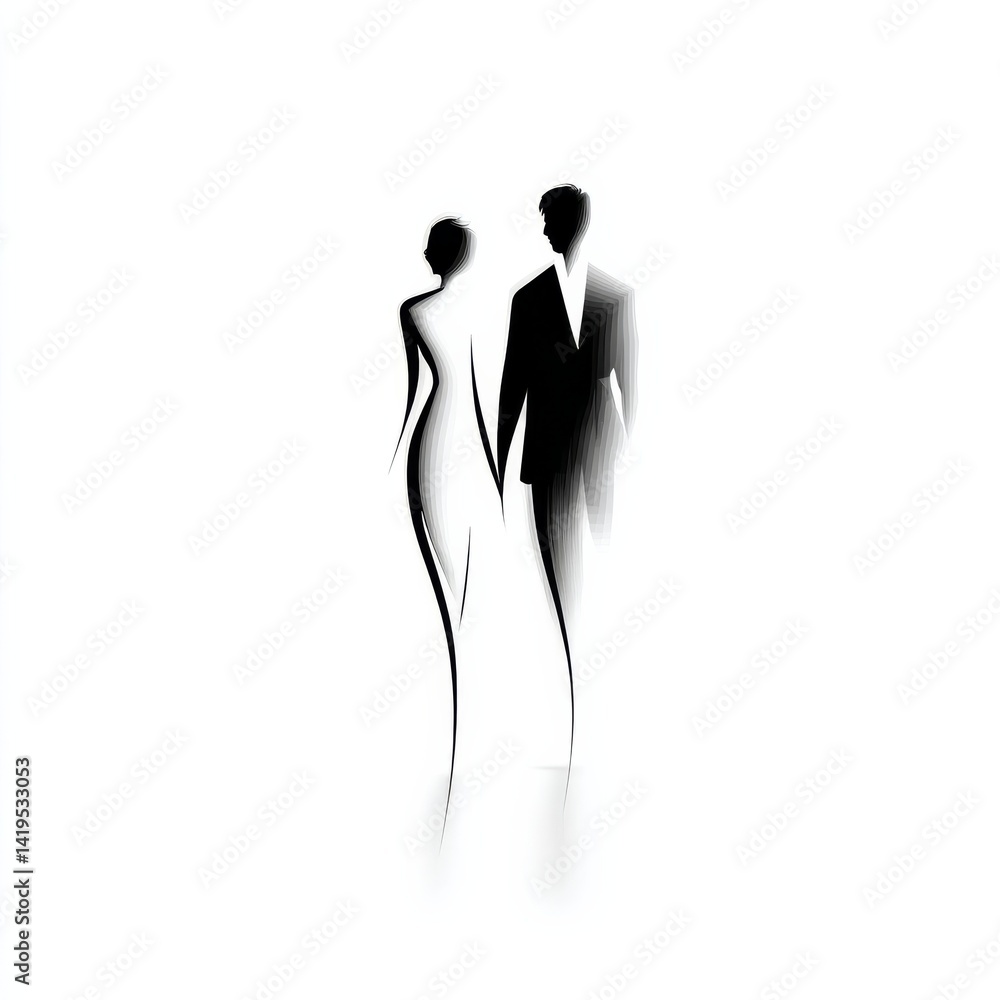 Silhouette of a Couple in Love, Abstract and Minimalist, Holding Hands and Walking Together in a Dreamy Embrace