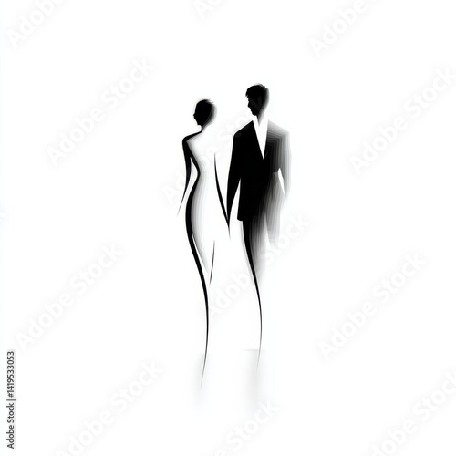 Obraz na płótnie Silhouette of a Couple in Love, Abstract and Minimalist, Holding Hands and Walking Together in a Dreamy Embrace w salonie