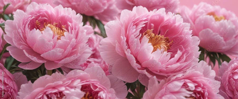 Fototapeta premium Close-up of densely packed pink peonies on a soft pink backdrop , bloom, romantic