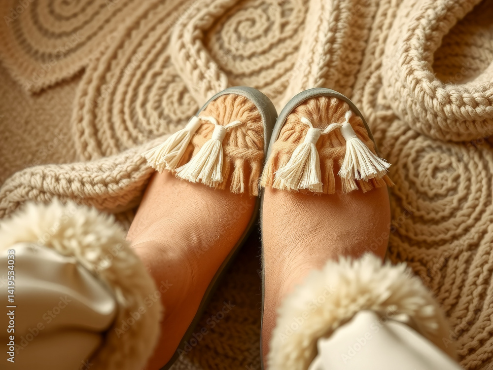 A person is wearing a pair of fuzzy slippers with tassels on the toes. The slippers are placed on a rug, and the person's feet are visible. The image conveys a cozy and comfortable atmosphere