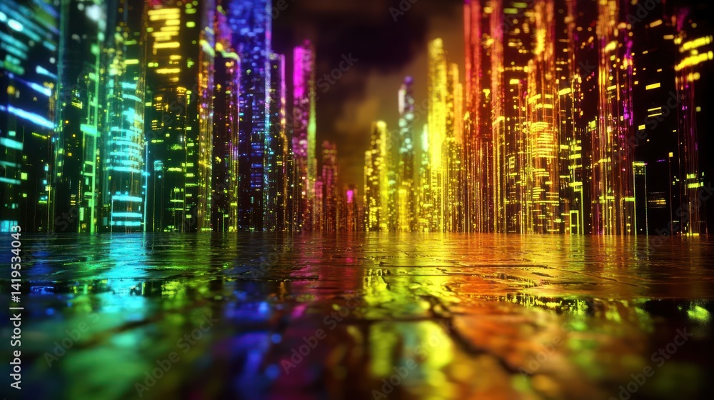 Fototapeta premium Vibrant neon cityscape reflects in a wet urban plaza.