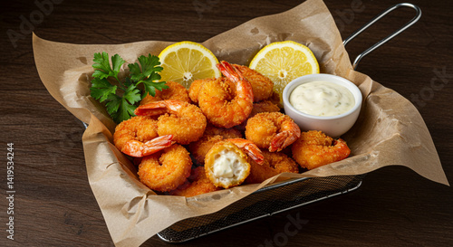 A generous portion of fried shrimp coated in crispy flour.