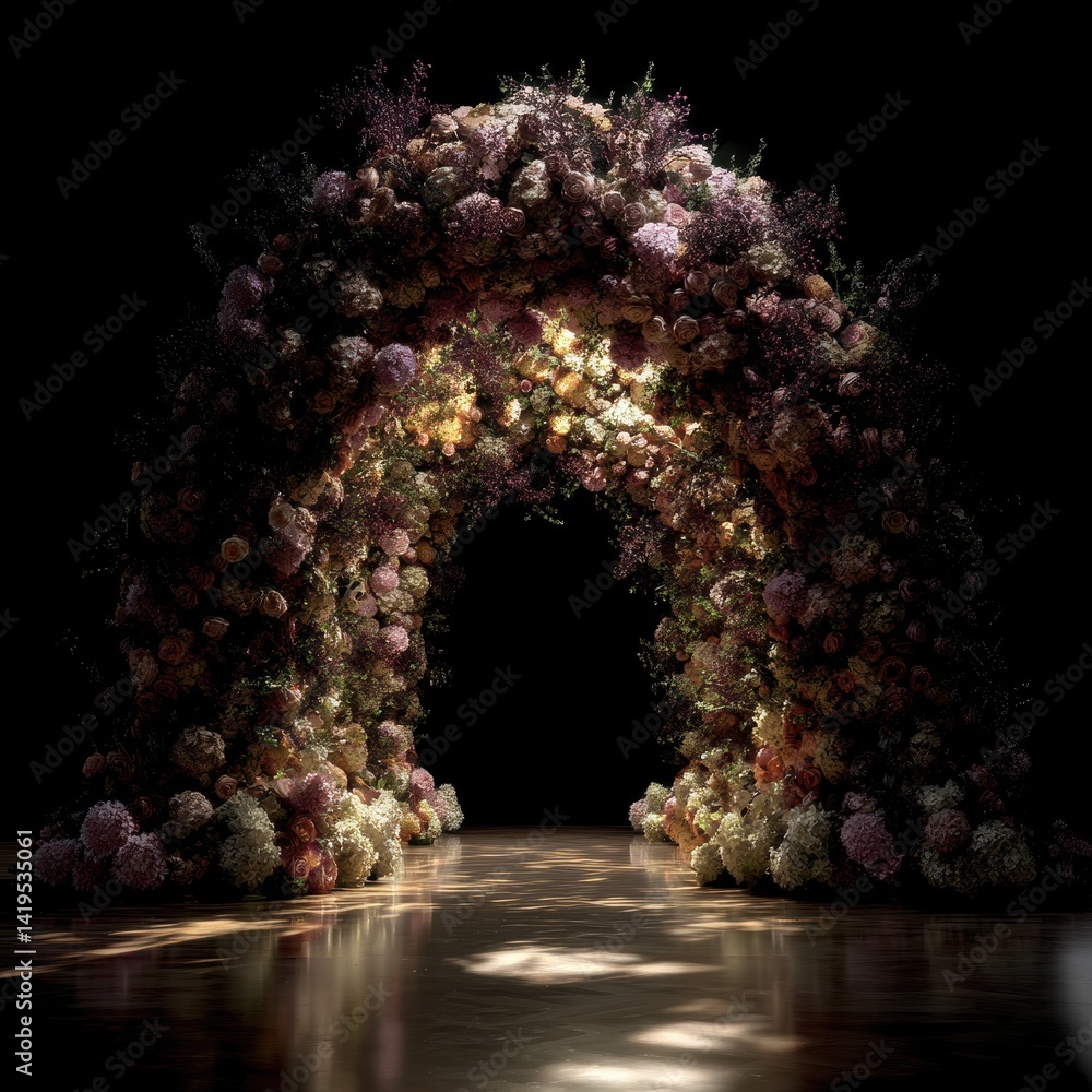 A floral arch in a dimly lit space, an invitation to the hidden