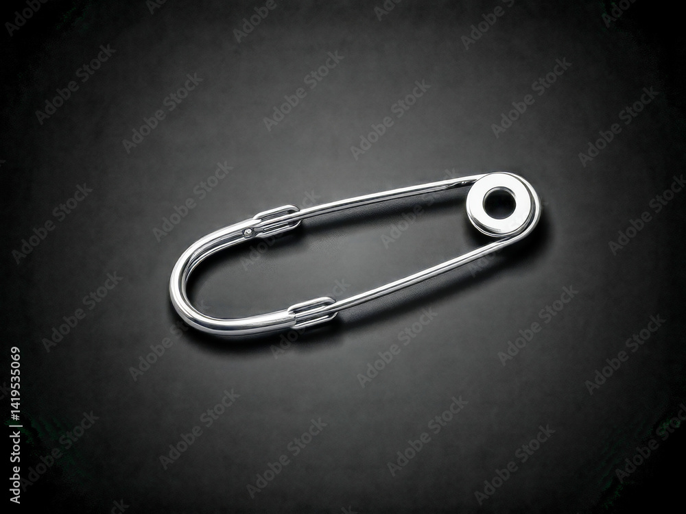 A silver bobby pin with a round button on the end. The bobby pin is sitting on a black surface