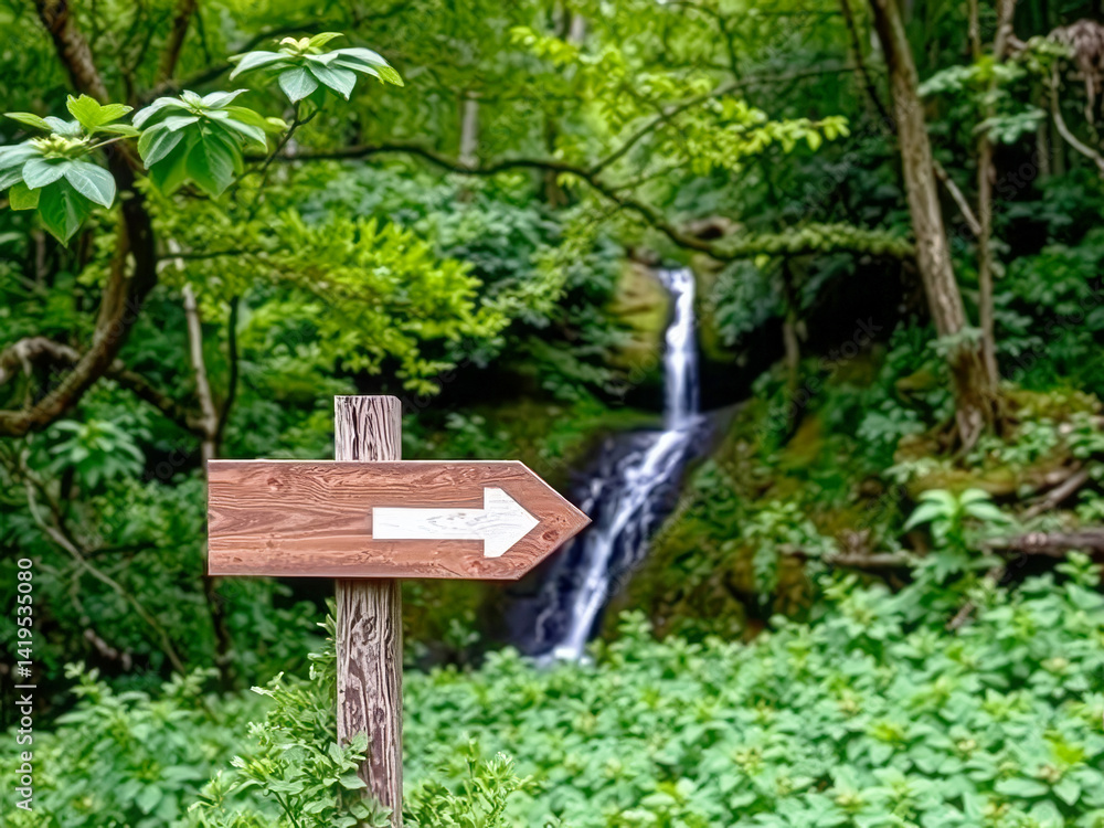 A sign pointing to a waterfall in a lush green forest. The sign is wooden and has a white arrow on it. Concept of adventure and exploration, as the viewer is encouraged to follow the arrow