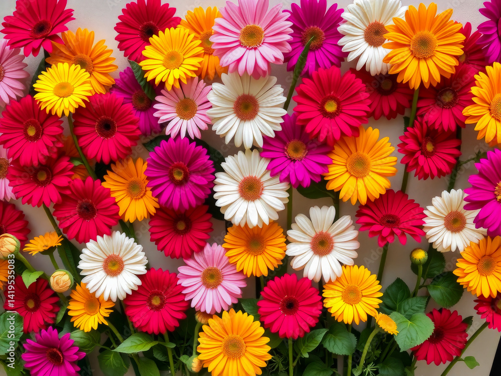A bouquet of flowers with a variety of colors including pink, white, and orange. The flowers are arranged in a way that creates a sense of harmony and balance. Scene is cheerful and uplifting