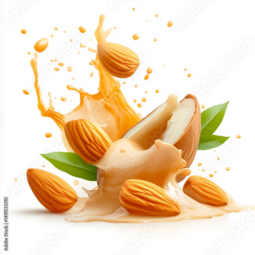 A splash of creamy almond milk with whole almonds and green leaves, capturing natural essence and deliciousness.