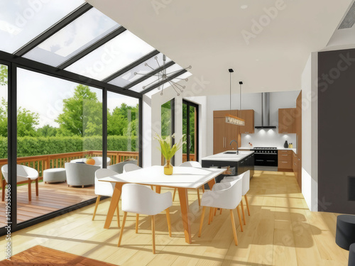 A large, open kitchen with a dining table and chairs. The kitchen is well-lit and has a modern, clean design