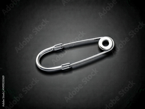 Obraz na płótnie A silver bobby pin with a round button on the end. The bobby pin is sitting on a black surface w salonie