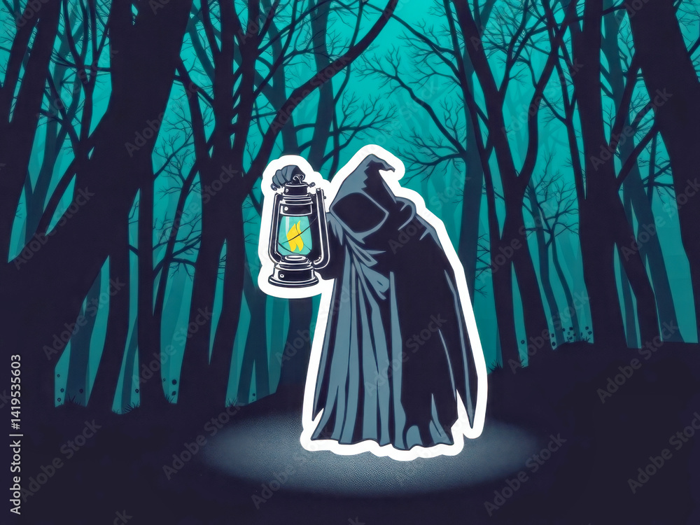 A person holding a lantern in a dark forest. The lantern is yellow and the person is wearing a black cloak. Scene is mysterious and eerie