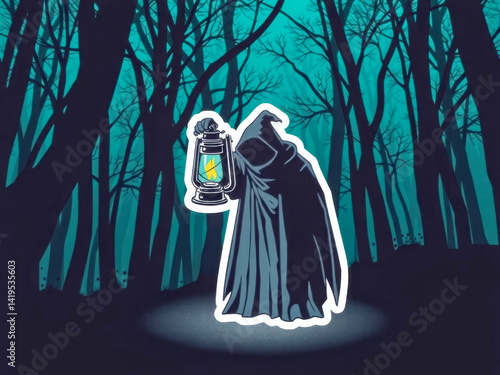 Obraz na płótnie A person holding a lantern in a dark forest. The lantern is yellow and the person is wearing a black cloak. Scene is mysterious and eerie w salonie