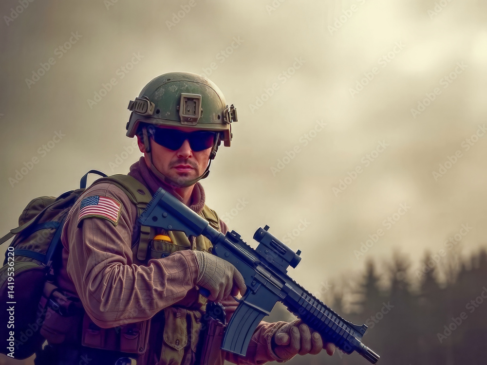 A man in a military uniform is holding a rifle. Concept of duty and readiness, as the soldier is prepared to protect and serve his country