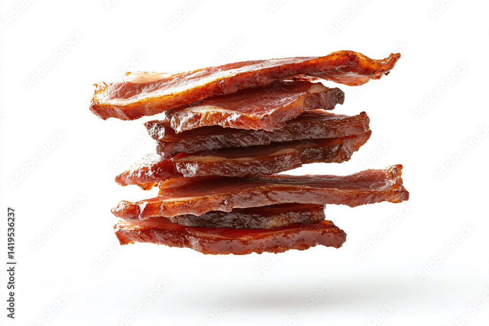 a stack of bacon pieces on a white surface