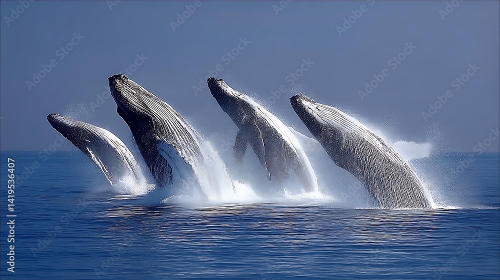 Fototapeta premium Three Humpback Whales Breaching in Blue Ocean