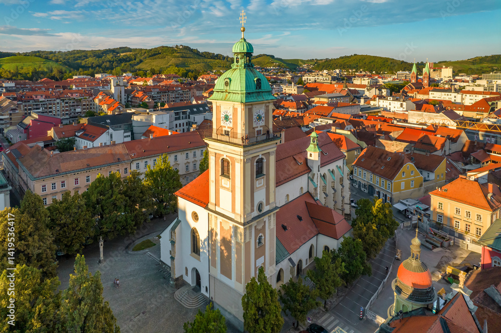 Aerial view of the Maribor Cathedral in Maribor city, Slovenia