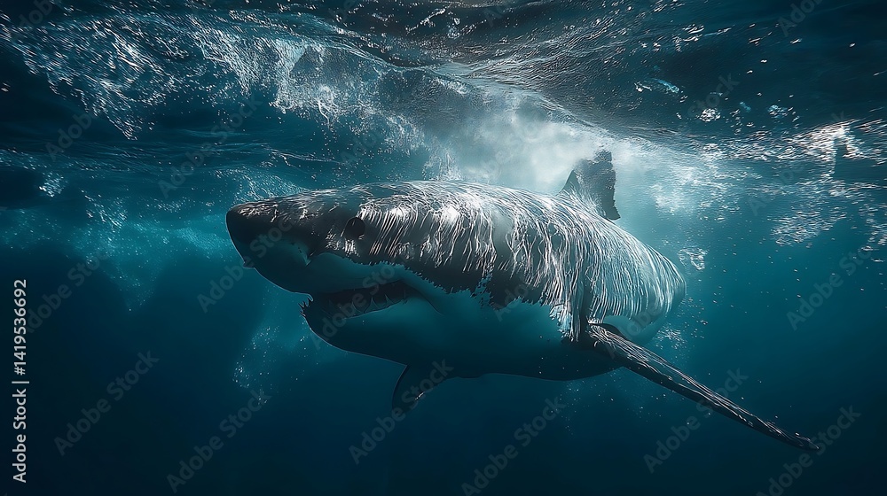 Fototapeta premium Great White Shark Underwater in Dark Blue Ocean
