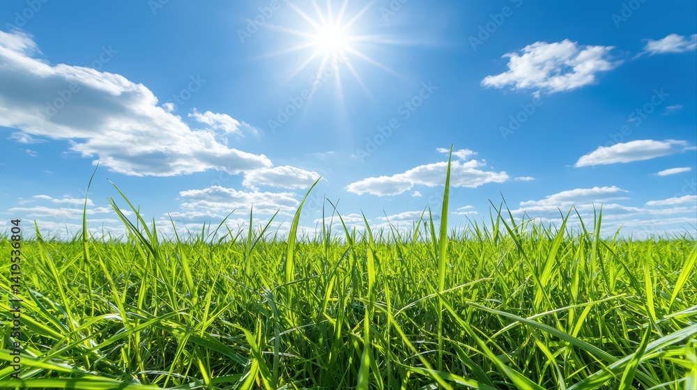 Obraz premium Lush green grass under bright blue sky and radiant sunlight