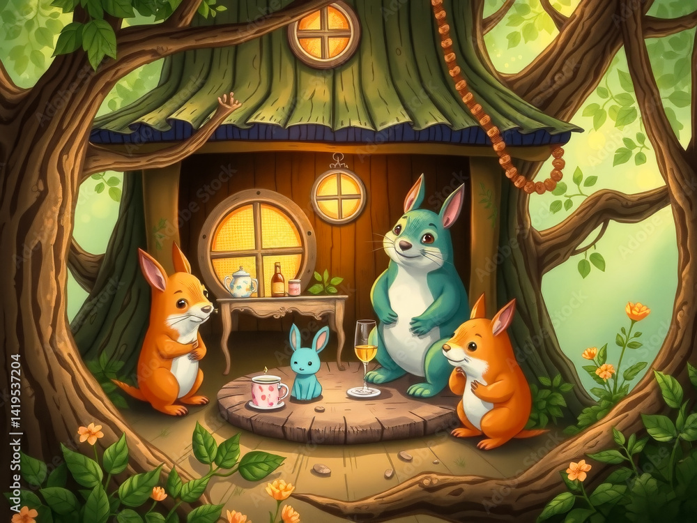 A group of rabbits are sitting around a table in a treehouse, with a bottle of wine on the table