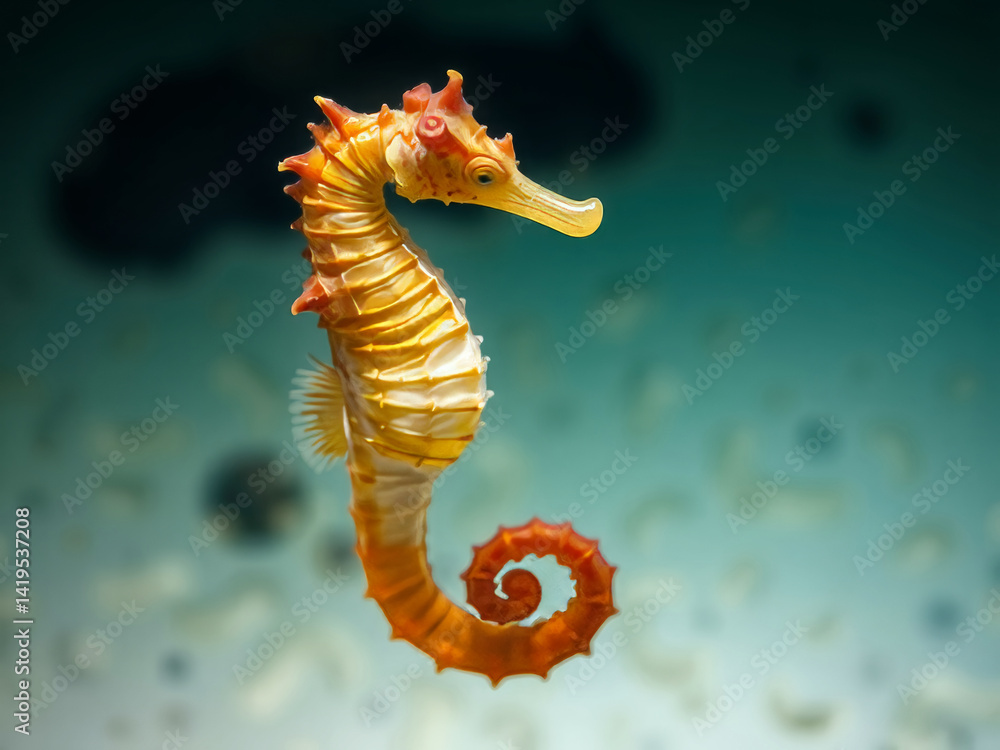 A yellow and orange sea horse is swimming in the ocean. The image has a calm and peaceful mood, as the sea horse is the only creature visible in the scene