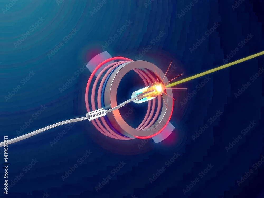 A wire is connected to a device that is emitting a red light. The device is likely a laser or some other type of light source