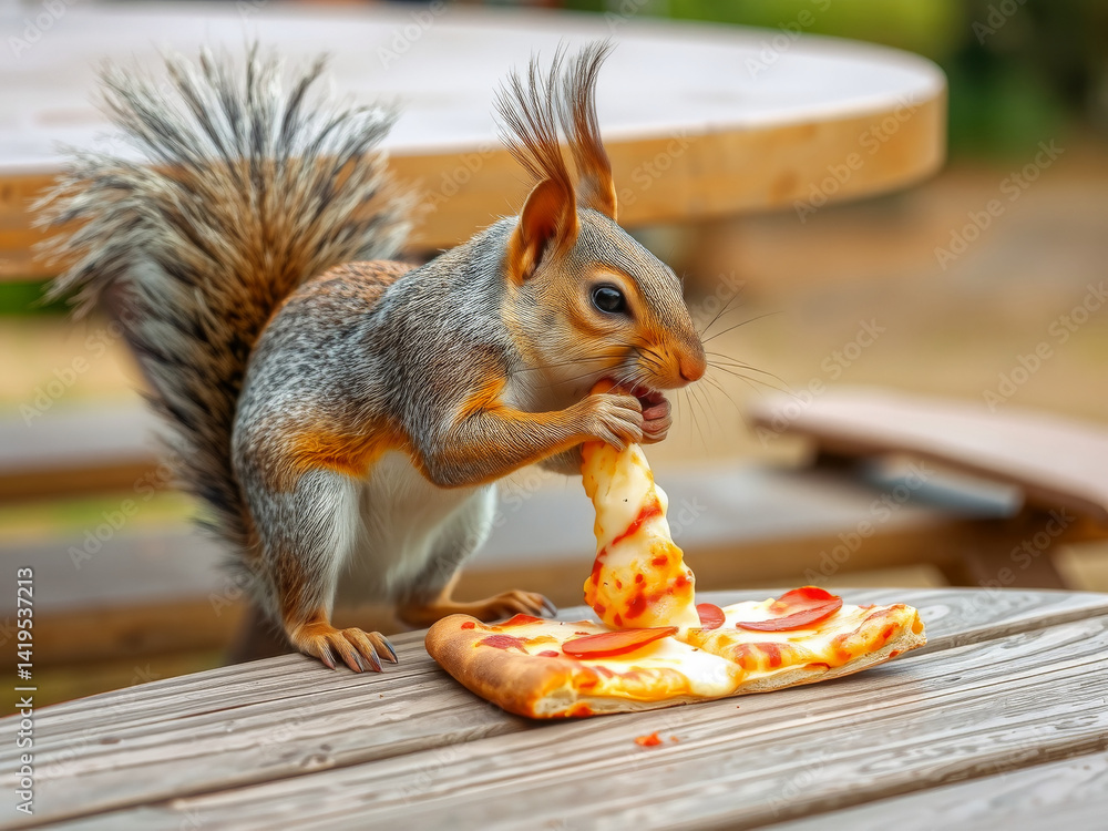 A squirrel is eating a slice of pizza on a table. The scene is playful and lighthearted, as the squirrel is not a typical diner