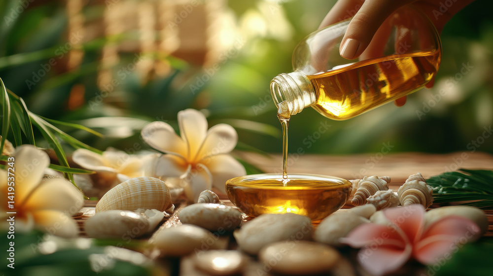 Serene spa setting with hand pouring coconut oil into bowl, surrounded by tropical flowers, seashells, and smooth stones Serene spa setting with hand pouring coconut oil into bowl, surrounded by tropical flowers, seashells, and smooth stones