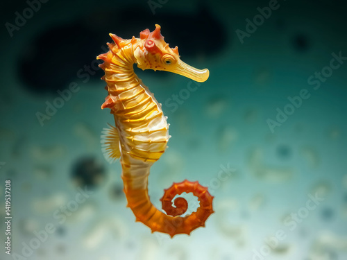 Obraz na płótnie A yellow and orange sea horse is swimming in the ocean. The image has a calm and peaceful mood, as the sea horse is the only creature visible in the scene w salonie
