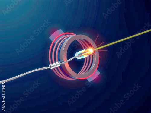 Obraz na płótnie A wire is connected to a device that is emitting a red light. The device is likely a laser or some other type of light source w salonie