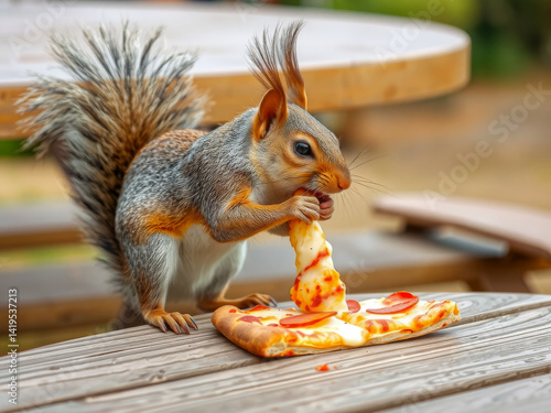 Obraz na płótnie A squirrel is eating a slice of pizza on a table. The scene is playful and lighthearted, as the squirrel is not a typical diner w salonie