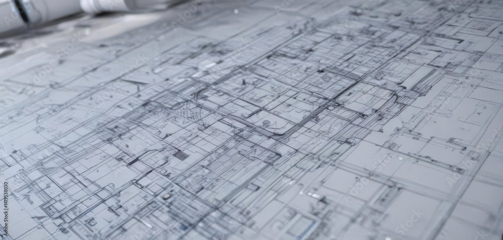 Blueprint overlay on photo; technical architectural design, blue, diagram, cyanotype Blueprint overlay on photo; technical architectural design, blue, diagram, cyanotype