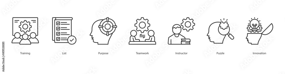 Training icon sheet vectorTraining, List, Purpose, Teamwork, Instructor, Puzzle, Innovation Training icon sheet vectorTraining, List, Purpose, Teamwork, Instructor, Puzzle, Innovation