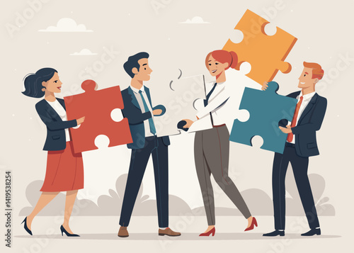 Group of business people holding puzzle pieces together in a collaborative team effort illustration