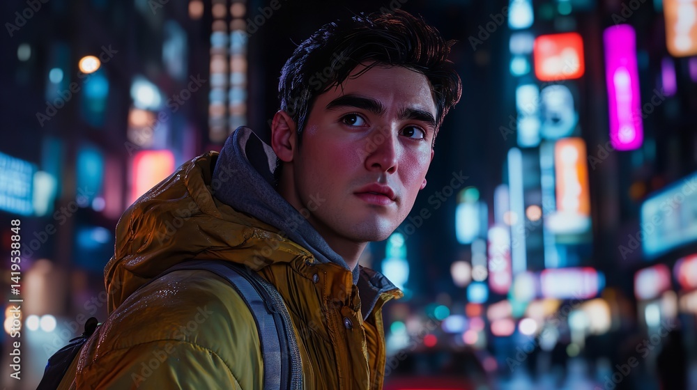 Young man in yellow jacket lost in thought amid vibrant city night rain slicked streets neon glow Young man in yellow jacket lost in thought amid vibrant city night rain slicked streets neon glow