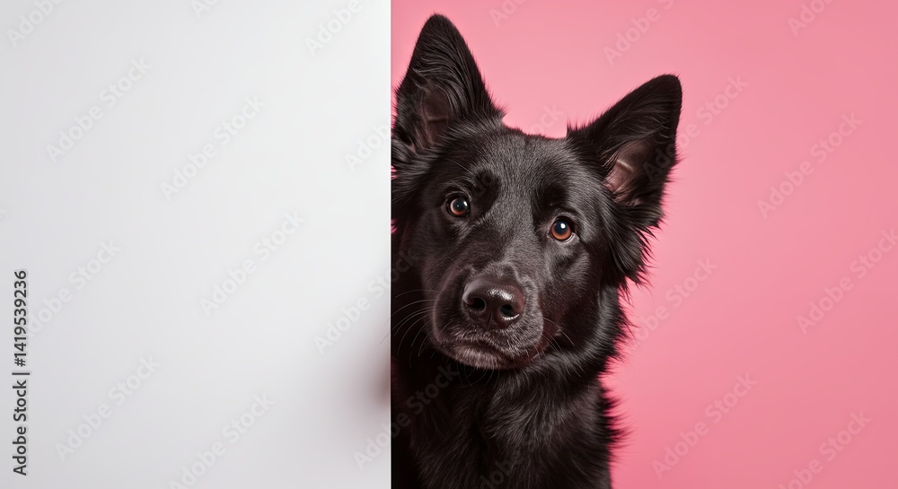 Curious black dog peeking around a white edge against pink backdrop Curious black dog peeking around a white edge against pink backdrop