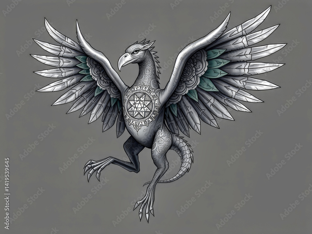 A silver bird with a cross on its chest. The bird is flying and has a menacing look