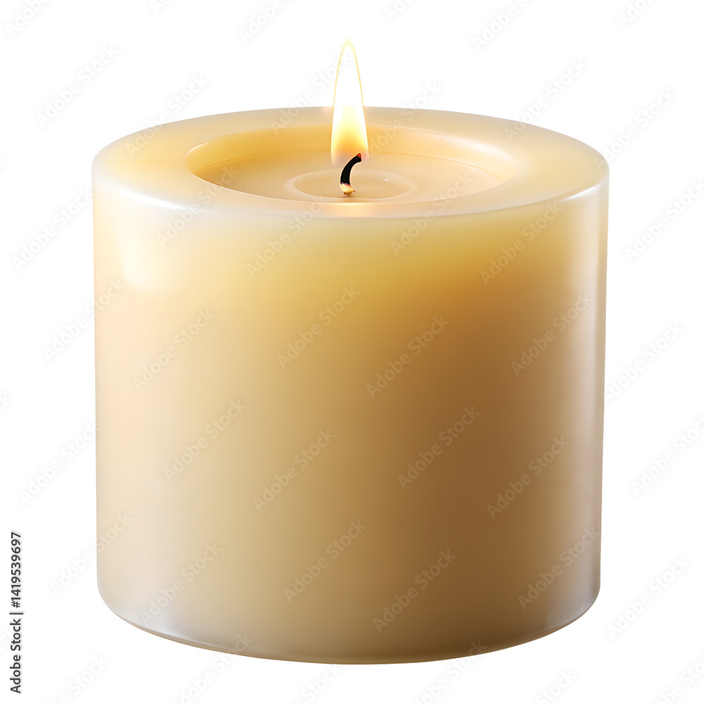 Illuminated wax cylinder with small flame isolated on transparent background Illuminated wax cylinder with small flame isolated on transparent background